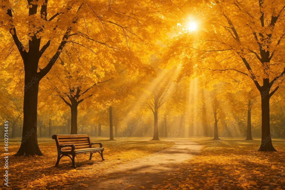 Naklejka premium Vibrant autumn park landscape with golden yellow trees and warm sunlight filtering through