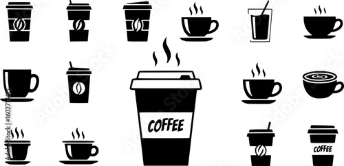 Coffee cup icon set. Cups of coffee tea collection. Hot drink icon. Disposable cup. Cup coffe with steam. Flat style. Vector Illustration. Vector Graphic. EPS 10