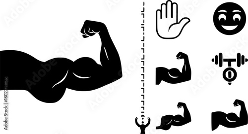 Muscle icon set. Flexed bicep arm icon. Hand emoji. Feats of strength sign. Biceps musclar arm icon. Flexing arm muscles. strong icons. Vector Illustration. Vector Graphic. EPS 10