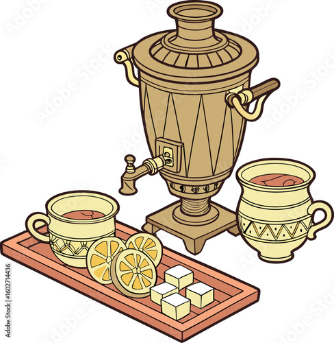 samovar tea setting with lemon and sugar cubes 