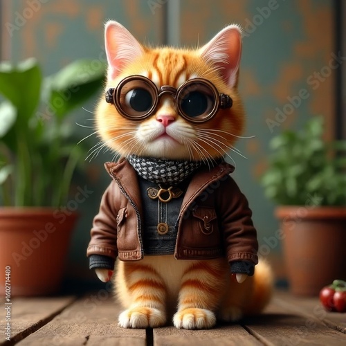 A fashionable cat with glasses poses in a cozy room with plants nearby