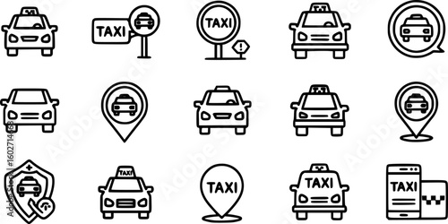 Taxi icon set. Taxi service icon set. Taxi car map pin mark. Black signs of taxi stop place. Vector Illustration. ESP 10
