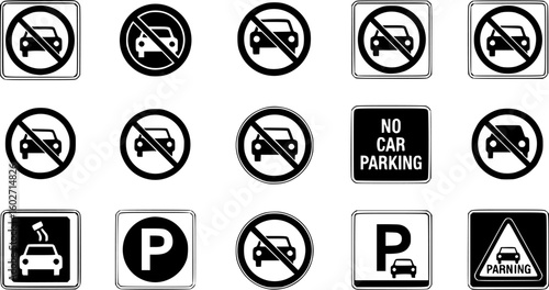 Set of car forbidden signs. No car parking, no parking road warning signs. No cars entry, the red circle sing. Vector illustration. EPS 10

