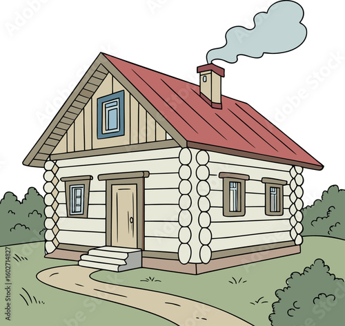 traditional russian log house izba front view .
