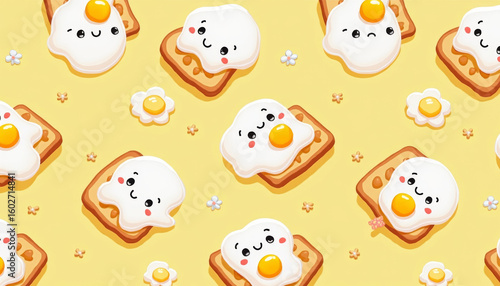 Playful Eggs and Toast Seamless Pattern Design, Fun Food Art, Creative Illustration, Cheerful Kitchen Environment