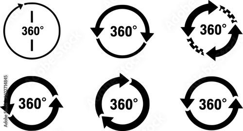 360 degrees arrow, rotate around set icon. Circle signs vertical, horizontal and diagonal view with arrows rotation to 360 degrees. Virtual reality. Rotate cycle, circular moving symbol. EPS 10