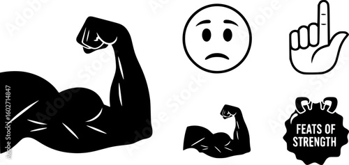 Muscle icon set. Flexed bicep arm icon. Hand emoji. Feats of strength sign. Biceps musclar arm icon. Flexing arm muscles. strong icons. Vector Illustration. Vector Graphic. EPS 10