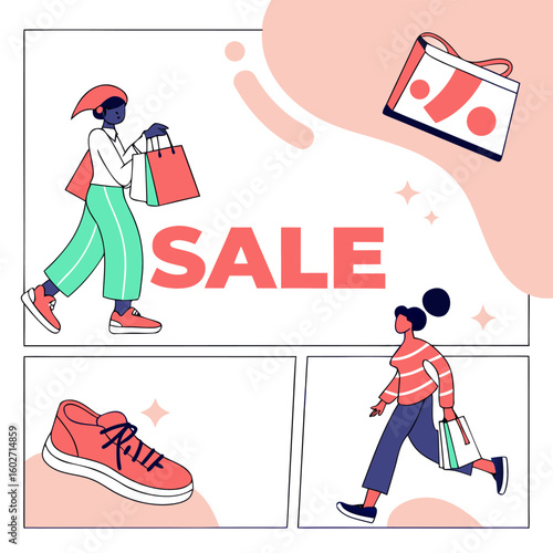 Illustration of a big sale advertisement with shoppers carrying shopping bags on an orange and white background