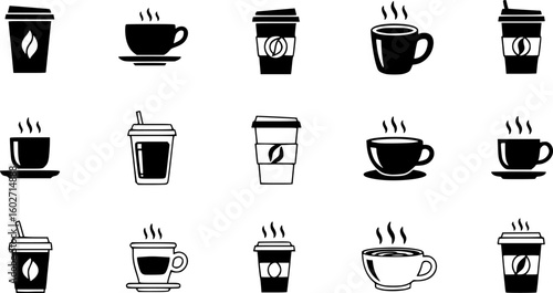 Coffee cup icon set. Cups of coffee tea collection. Hot drink icon. Disposable cup. Cup coffe with steam. Flat style. Vector Illustration. Vector Graphic. EPS 10