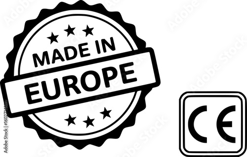 Made in Europe label. Made in Europe product emblem, sign, symbol, badge or seal. European Union quality standards tag, stamp an sticker. CE mark pictogram for product packaging. EU quality icon. EPS