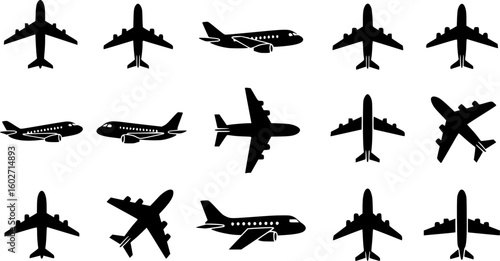 Airplane icon. Black airplane icon collection. Set of black plane silhouette icon. Vector Illustration. Vector Graphic. EPS 10