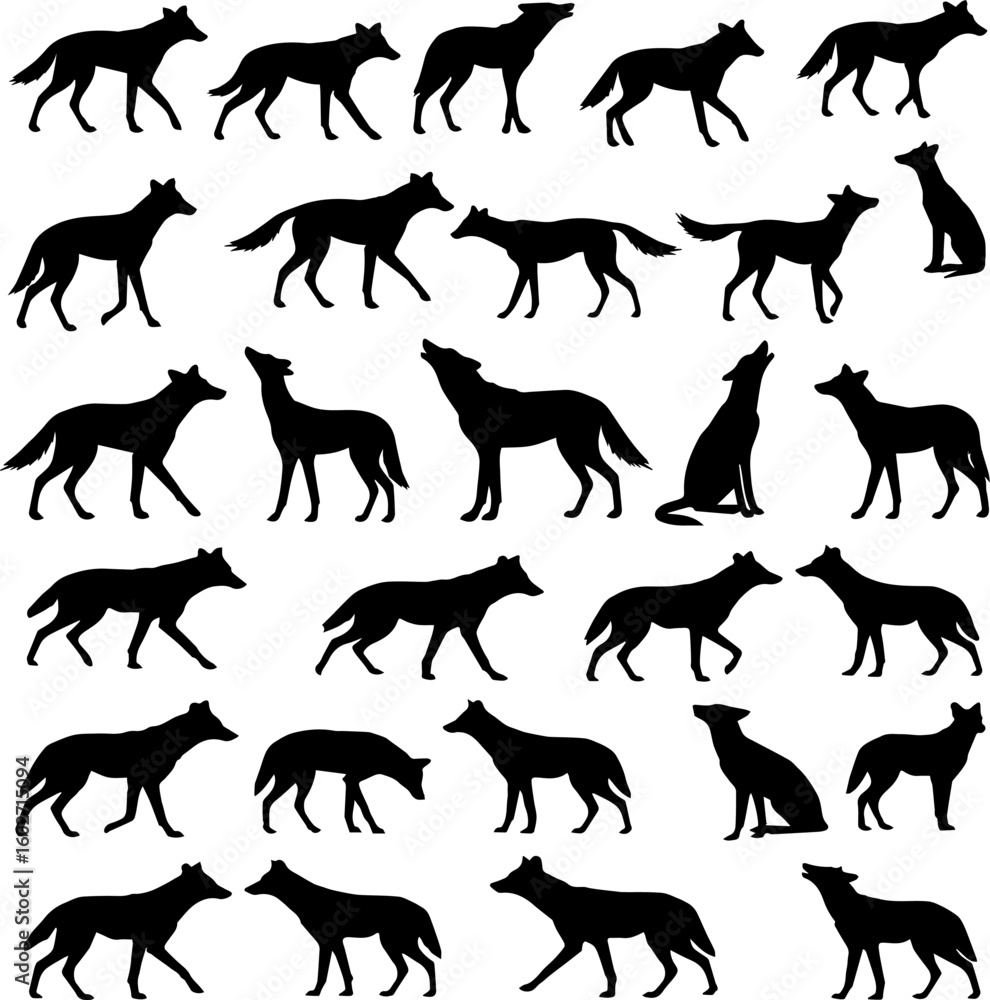 Fototapeta premium A collection of wolf silhouettes in various poses, including walking, standing, howling, and sitting, arranged in a grid pattern against a white background.