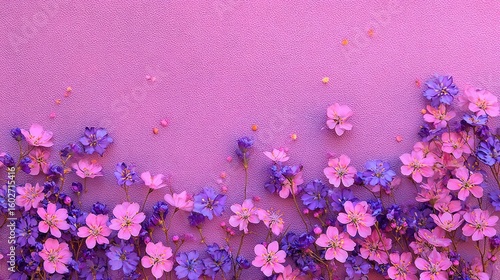 Arrangement of pink and purple flowers on a textured, pastel purple background.