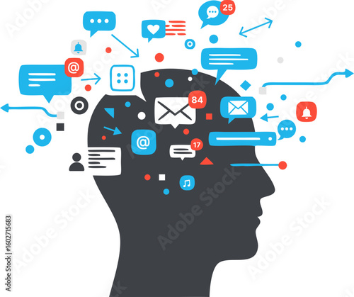 A metaphor for digital overload and information chaos. A person's head in profile, attacked by notification icons (emails, messages, calls), symbolizes stress and distracted attention.