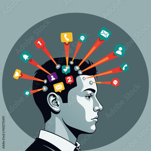 A metaphor for digital overload and information chaos. A person's head in profile, attacked by notification icons (emails, messages, calls), symbolizes stress and distracted attention.