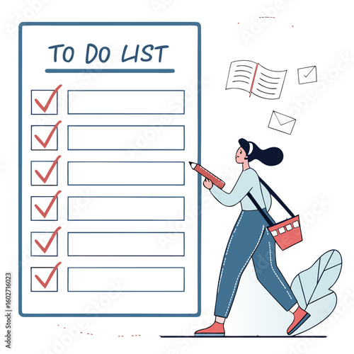 A focused woman with a pencil in hand diligently marks off completed tasks on a large to do list with several items already checked