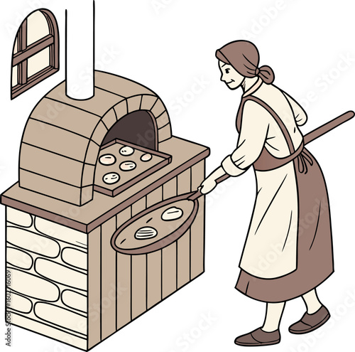  woman baking piroshki in wood fired oven vector 