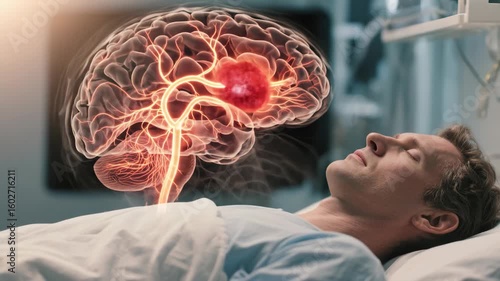 A man in a hospital bed is shown with a glowing transparent brain overlay highlighting a red problem area suggesting a serious neurological illness.
