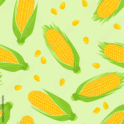 Corncobs and seeds on green background. Maize seamless pattern. Vector cartoon flat illustration. 