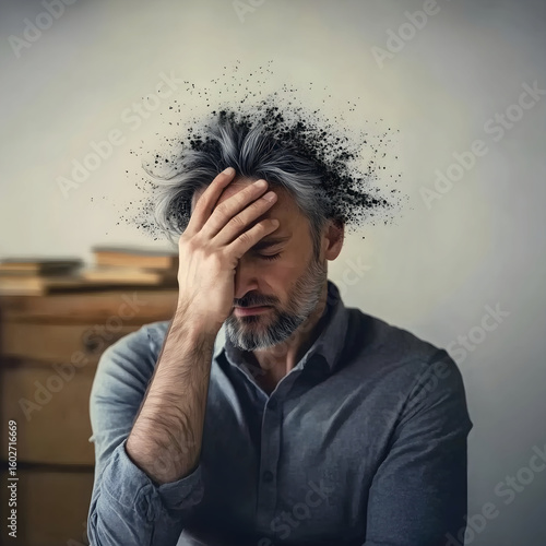 Overthinking, restlessness and burnout. Modern, conceptual illustration of a male figure overwhelmed by intrusive thoughts, emotional stress, anxiety, mental overload and psychological struggle.