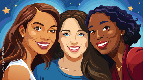 Three diverse women smiling together under a starry sky
