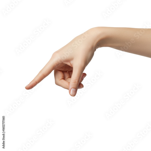 A slender, well-maintained caucasian woman's hand with natural skin tone reaching downwards, index finger pointing, isolated on a transparent studio background, no shadows, precise choice concept