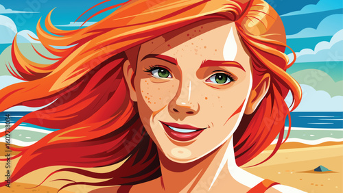 Joyful redhead with freckles at the beach under a blue sky