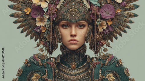 An intricate depiction of a majestic armored figure adorned with floral elements