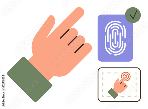Hand pointing towards fingerprint scanning system with checkmark indicating approval and interactive feature. Ideal for authentication, security, technology, identity, access, privacy, innovation