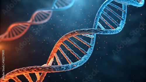 Dynamic glowing DNA double helix with particles in dark background, ideal for bioinformatics and sci-fi visuals.