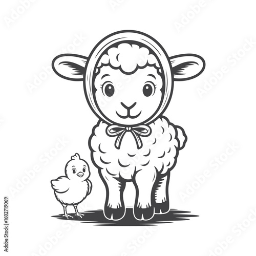 Adorable lamb wearing bonnet with a chick baby animals farm animals