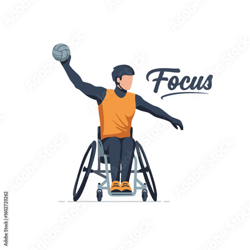 Racing Wheelchair Athlete Throwing Ball with ‘Focus’ Label