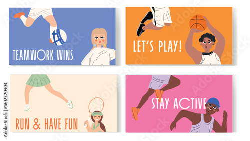Set of four horizontal sport banners with motivational quotes. Bright and fun design featuring kids in action. Perfect for campaigns, websites, posters, or educational use.