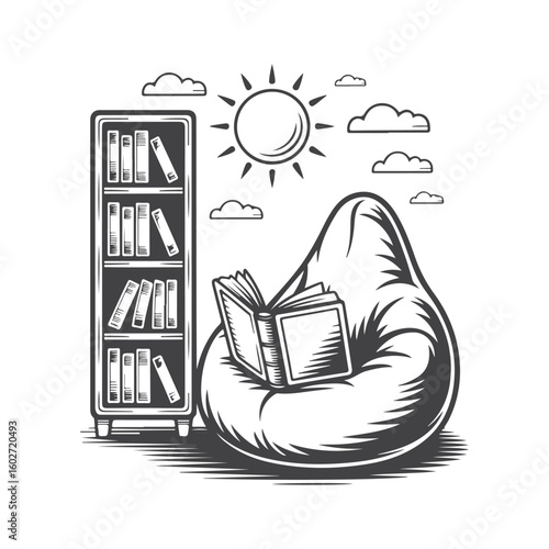 Cozy reading nook with books and sunshine beanbag bookshelf