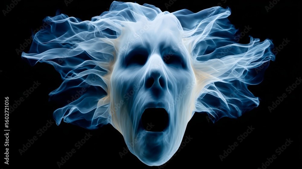 Fototapeta premium Face with a mouth open and smoke coming out of it. The face is blue and white