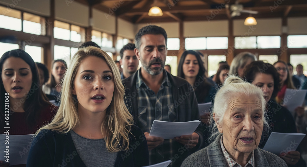 Naklejka premium Intergenerational community singing with heartfelt emotion, holding sheet music. Group expressing solemn unity, peace, and shared reflection in gathering.
