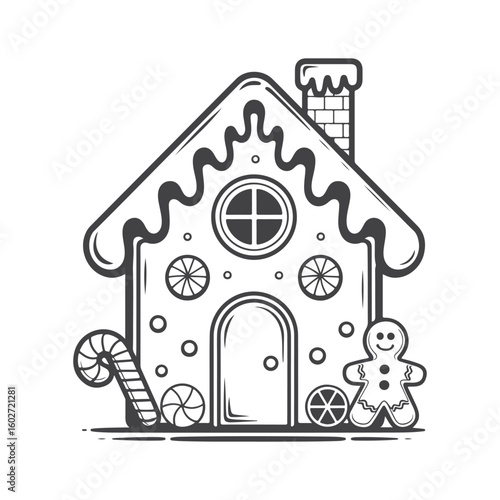 Gingerbread house with candy cane and gingerbread man christmas holiday