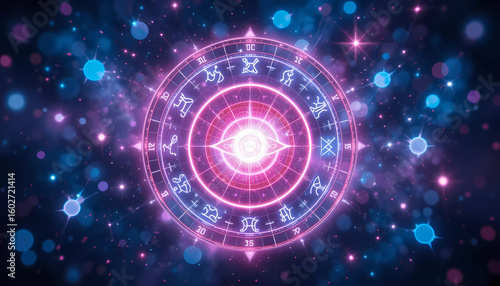 A glowing zodiac wheel with astrological symbols in a cosmic space background with bokeh effect