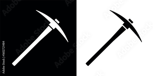 Pickaxe icon. Symbol of work, extraction, or mine. Attribute of a quarry, miner, or worker. Hand-held impact tool for gold or ore mining.