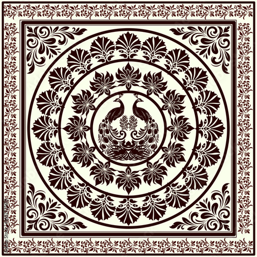 Traditional Thai Peacock Carpet Pattern | Ornamental Textile Design for Rug or Fabric