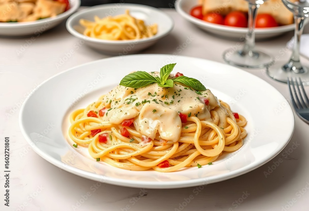 Classic spaghetti carbonara on large white plate, restaurant style, culinary, spaghetti Classic spaghetti carbonara on large white plate, restaurant style, culinary, spaghetti