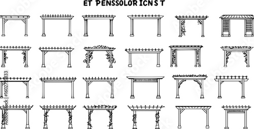 vector set of outline silhouette Pergola icon set