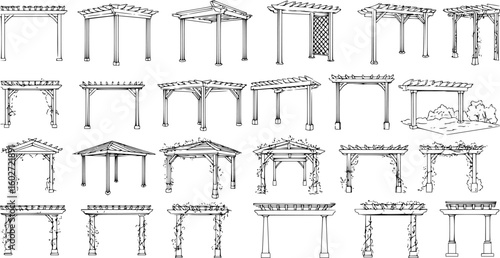 vector set of outline silhouette Pergola icon set