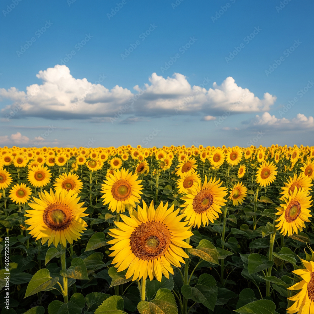 Fototapeta premium Vibrant Sunflower Field Under a Blue Sky with Fluffy Clouds, Summer Landscape