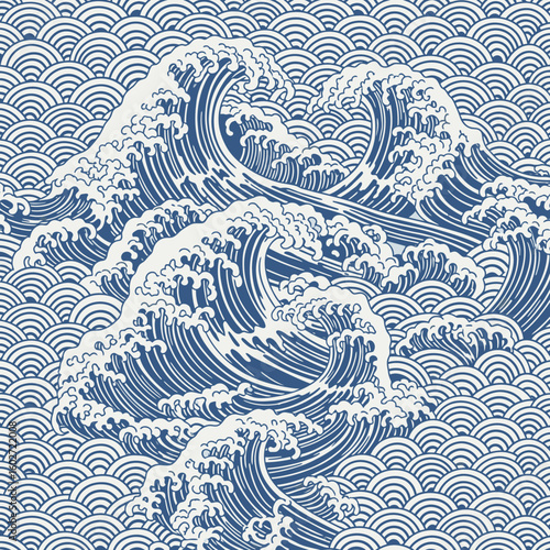 Traditional Japanese Seigaiha pattern with waves on blue background  