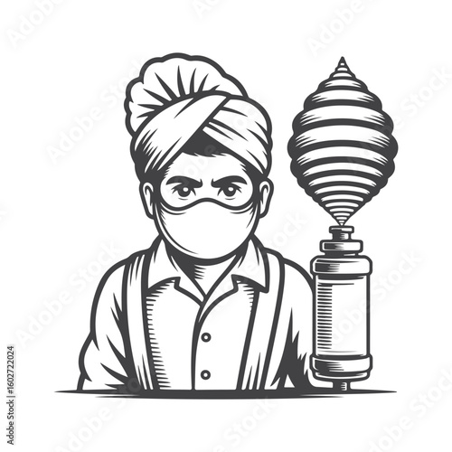 Man wearing turban and mask with scientific equipment medical science