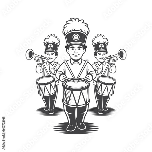 Marching band musicians playing drums and trumpets drummers trumpeters