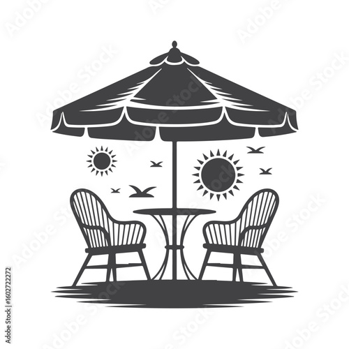 Outdoor patio seating with umbrella and suns table