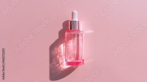A clear, rectangular dropper bottle with a light pink hue.