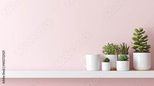 Wallpaper Mural Modern Minimalist Interior with Houseplants and Coffee Mug – White Shelf Against Pastel Pink Wall Torontodigital.ca
